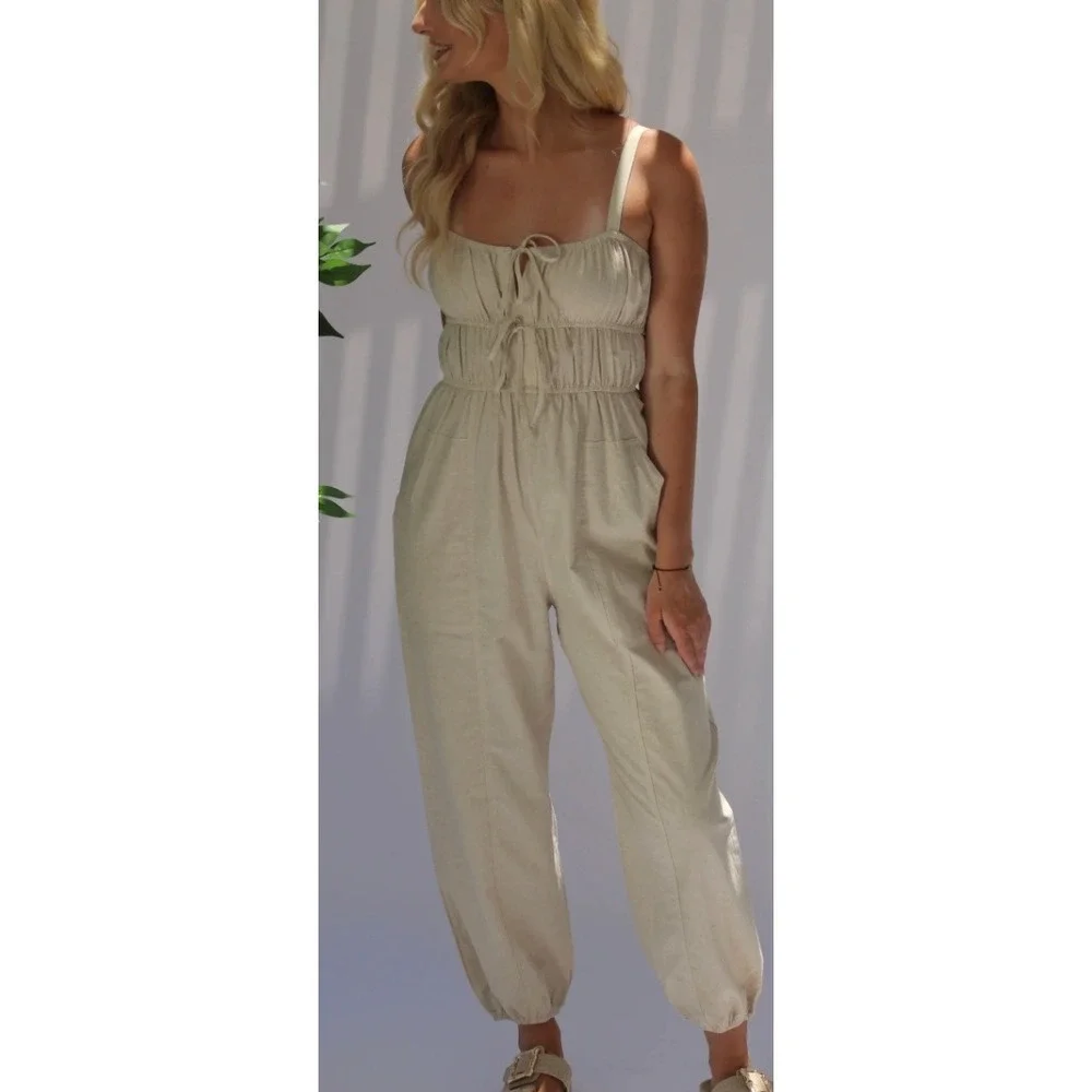 So Me Linen Blend Jumpsuit M Oatmeal Boho Cottagecore Adjustable Straps Pockets